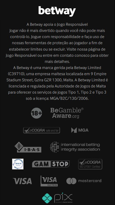 Betway é segura. É uma marca gerida pela Betway Limited, licenciada e regulada pela Autoridade de Jogos de Malta.