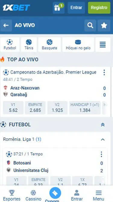 1XBET apostas ao vivo: imagem mostra partida Araz-Naxcivan vs Qarabag, Campeonato do Azerbaijão, com resultado 0 a 0 aos 48:41 minutos.