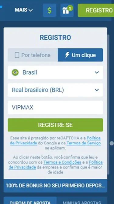 1XBET Cadastro passo 2: num clique, é só inserir país, moeda e código VIPMAX