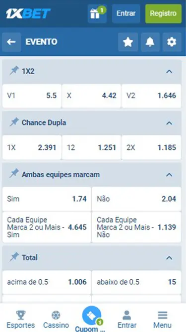 1XBET Mercados de apostas: imagem mostra exemplo de apostas 1x2, chance dupla, ambas as equipes marcam, e total.