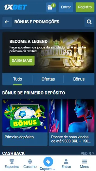 1XBET promoções: Become a Legend, Bônus de primeiro depósito, Cashback, etc.