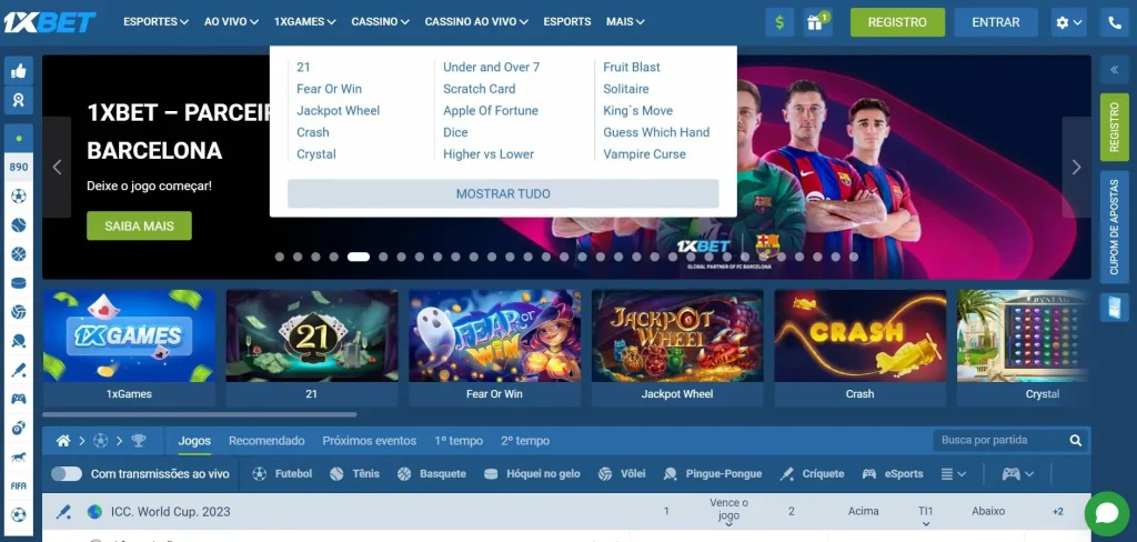 1XBET Brasil site tem abas para Esportes, Ao vivo, 1Xgames, Cassino, Cassino ao vivo, eSports, e Mais.