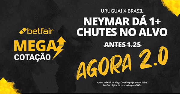 Divulgação de promoção da Betfair: cotação aumentada para apostar em Neymar realizando mais de um chute a gol no jogo contra o Uruguai pelas Eliminatórias da Copa do Mundo 2026.