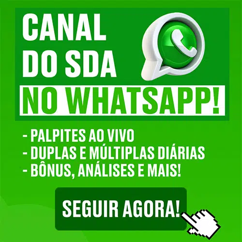 Divulgação do canal do SDA no WhatsApp: imagem verde, com logo da plataforma, listando as vantagens: palpites ao vivo, duplas e múltiplas diárias, bônus, análises e mais.