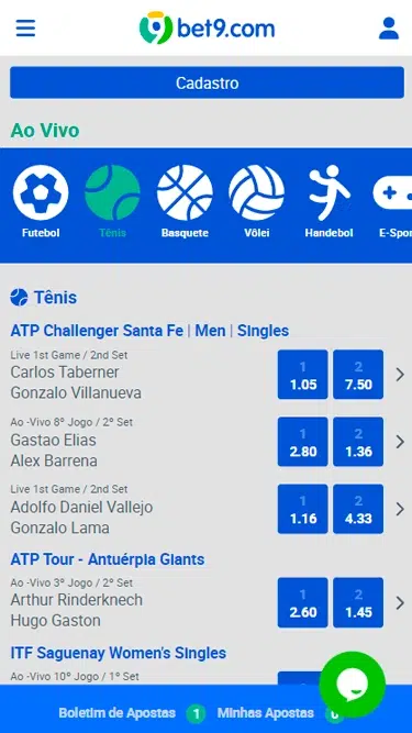 Captura de tela da página de apostas ao vivo Bet9 com jogos de tênis de exemplo. 