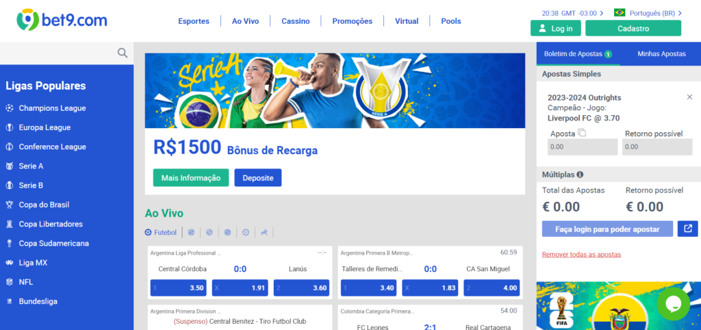 Captura de tela do website da Bet9 com  bônus de recarga de R$ 1500 da operadora em destaque. 