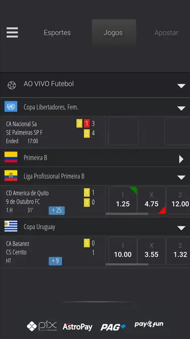 BetMais apostas ao vivo: exemplos de apostas em Copa Libertadores Fem., Liga Profissional Primeira B, e Copa Uruguay