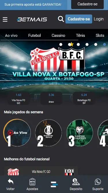 BetMais App: captura de tela da versão móvel BetMais, com dados da partida Villa Nova vs Botafogo-SP