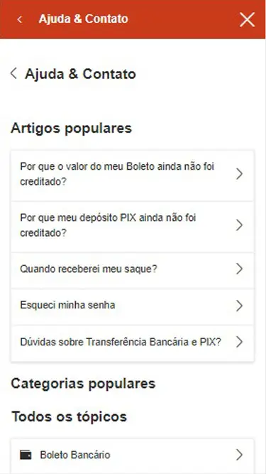 Na página de ajuda e contato da Betboo encontra Artigos populares, Categorias populares, etc.