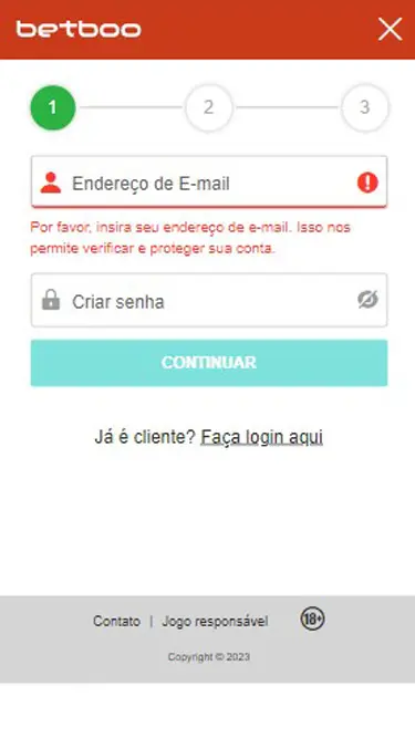 Cadastro Betboo passo 2: inserir endereço de e-mail e criar senha.