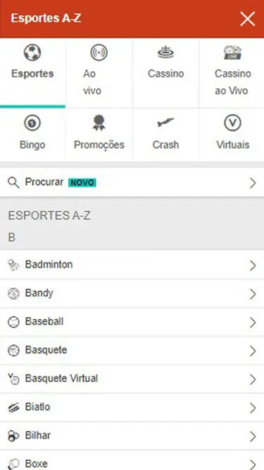 Menu de apostas em esportes da Betboo tem Badminton, Baseball, Basquete, Boxe, etc.