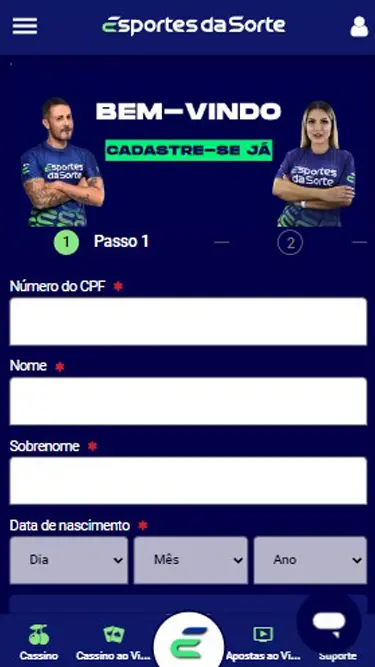 Efetue passo 1 do cadastro na Esportes da Sorte inserindo CPF, nome e data de nascimento.
