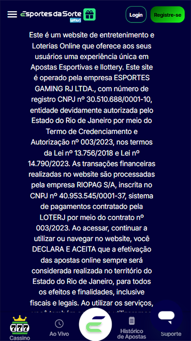 Esta é uma captura de tela que mostra as licenças da Esportes da Sorte, confirmando que é confiável.