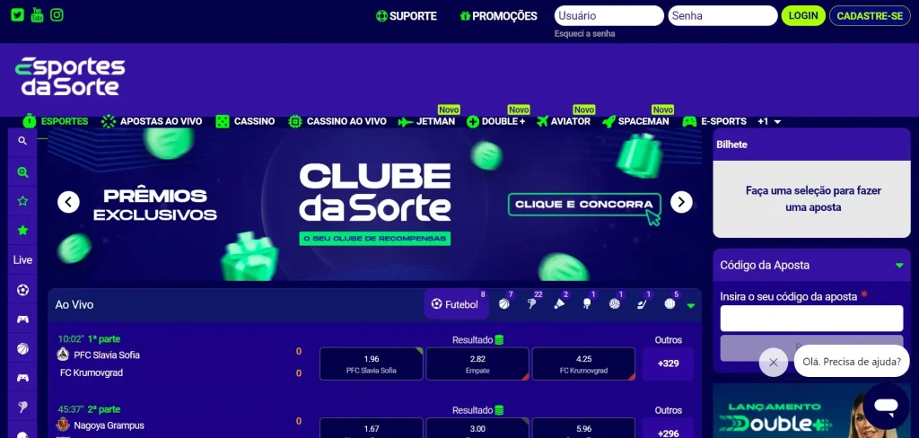 Website Esportes da Sorte: plataforma de apostas à esquerda, promoções e apostas ao vivo ao centro, boletim de apostas à direita.
