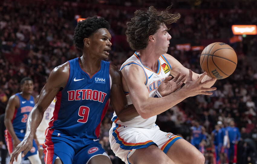 Ausar Thompson, do Detroit Pistons e Josh Giddey, do Oklahoma City Thunder Ausar Thompson, do Detroit Pistons e Josh Giddey, do Oklahoma City Thunder
