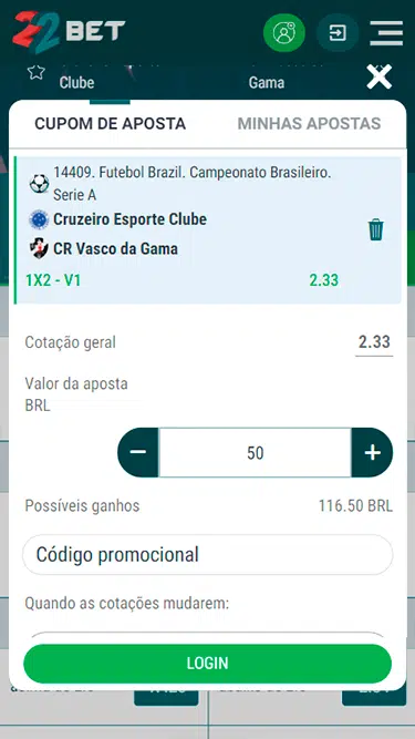 Tela de aposta simples 22bet com exemplo de jogo entre Cruzeiro e Vasco. 