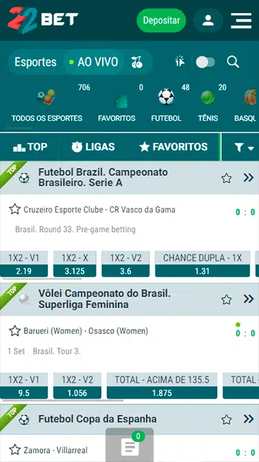 Tela de apostas ao vivo 22bet com os jogos acontecendo no momento. 