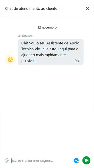 Tela do atendimento 22bet com o assistente virtual do chat ao vivo. 