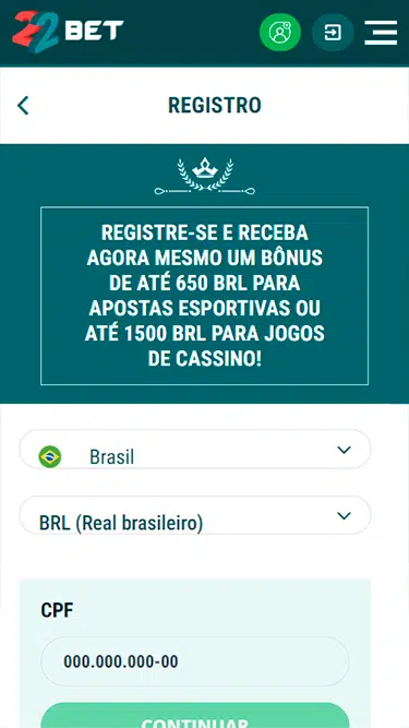 Passo 2 do cadastro 22bet: oferta de bônus de boas-vindas, seguida dos campos para selecionar país, moeda e preencher CPF. 