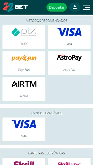 22bet depósito com os métodos recomendados: Pix, Visa, Mastercard, Vcreditos, Neteller, Skrill, MuchBetter, Bitcoin, Pay4fun, Rapid, Eco, Itaú e mais.

