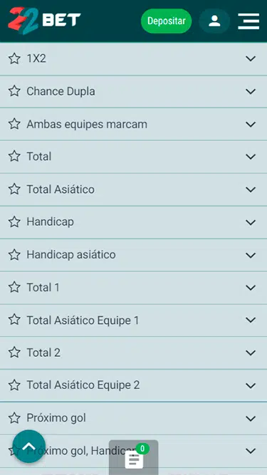 Lista dos mercados 22bet disponíveis para apostar: 1x2, chance dupla, ambas equipes marcam, total, total asiático, handicap, handicap asiático, total 1, total asiático equipe 1, etc. 