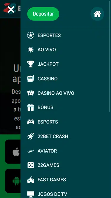 Tela demonstrando a plataforma 22bet com as opções de navegação disponível: esportes, ao vivo, jackpot, cassino, cassino ao vivo, bônus, e-sports, 22bet crash, aviator etc. 