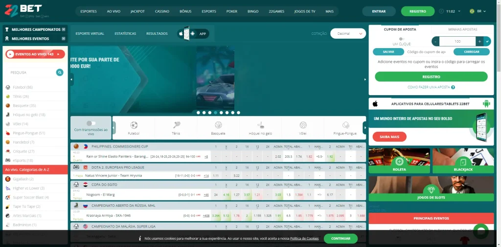 Captura de tela do website 22bet demonstrando a plataforma e as opções de navegação. 