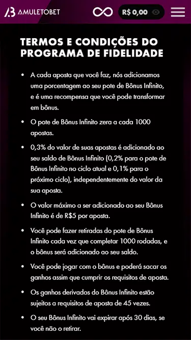 Termos e condições do Amuletobet bônus que consiste em um programa de fidelidade. 