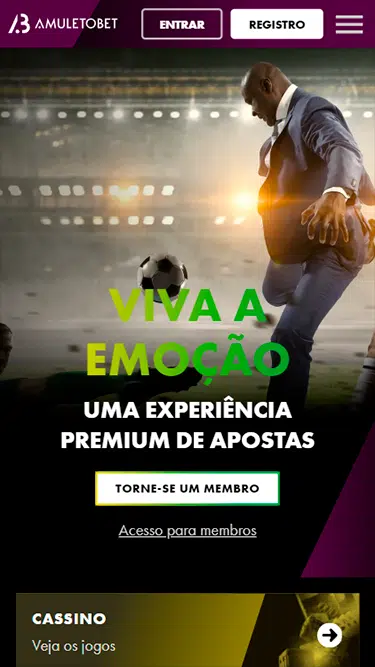 Plataforma Amuletobet: banner convidando para tornar-se membro onde pode-se ler "Viva a emoção: uma experiência premium de apostas".