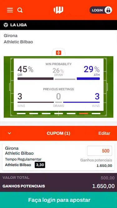 Exemplo de cupom com aposta simples Betwarrior para o jogo entre Girona e Athletic Bilbao. 