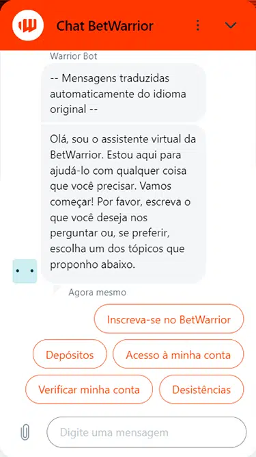 Atendimento BetWarrior por meio de chat com assistente virtual.