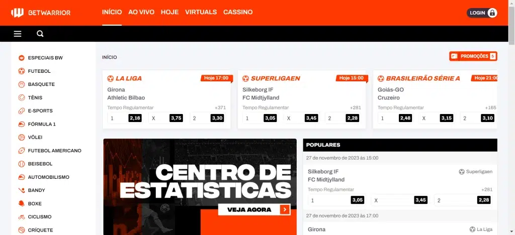 Captura de tela do website BetWarrior demonstrando as diferentes seções da plataforma.