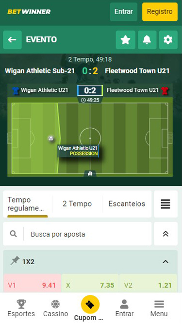 BetWinner apostas ao vivo: exemplo de partida Wigan Athletic vs Fleetwood Town sub-21