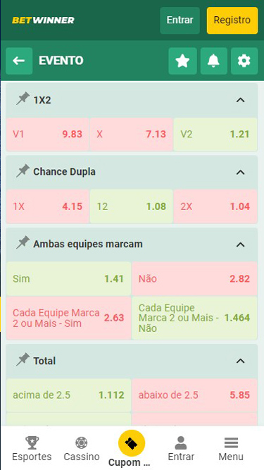 Mercado de apostas BetWinner: 1x2, chance dupla, ambas equipes marcam, total, e muito mais