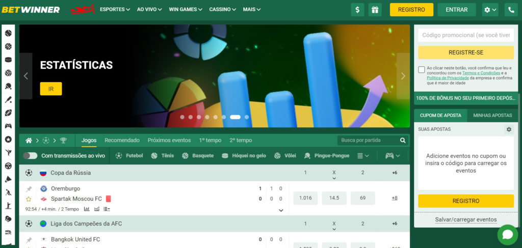 Site BetWinner em tons verdes: plataforma de esportes à esquerda, destaques ao centro, registo e cupom de apostas à direita