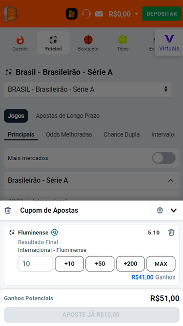 Exemplo de Betano aposta simples com captura da tela de aposta em jogo entre Fluminense e Internacional. 
