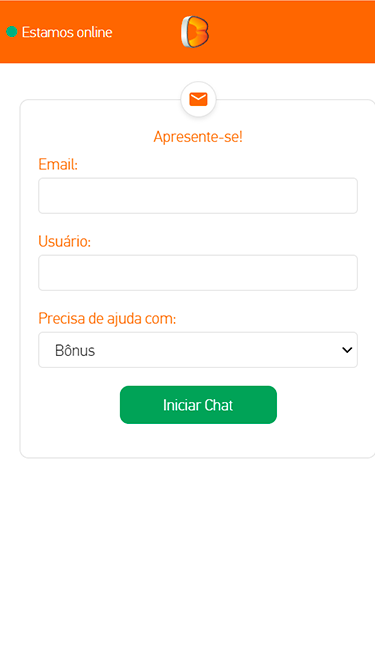 Captura da tela de atendimento Betano com os campos de e-mail e usuário a serem preenchidos antes de iniciar o chat ao vivo. 