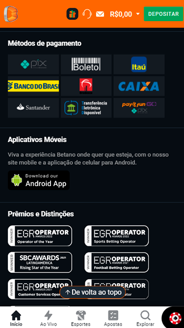 Captura de tela demonstrando as opções para o Betano depósito: Pix, Boleto, Itaú, Banco do Brasil, entre outros. 