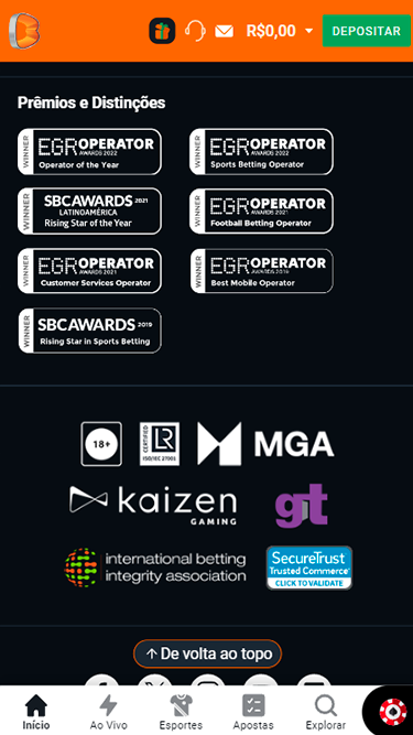 Captura de tela demonstrando órgãos de fiscalização como MGA, Kaizen Gaming, International betting integrity association etc. como forma de provar que Betano é seguro.