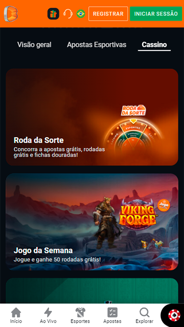 Captura de tela demonstrando algumas das Betano promoções, como a Roda da Sorte, Jogo da semana, entre outras. 