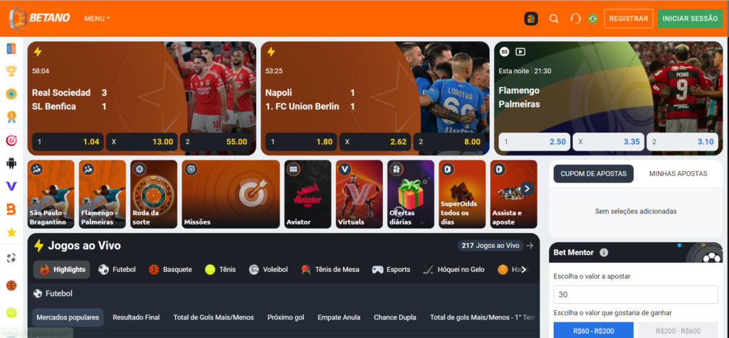 Captura de tela da versão desktop do Betano website demonstrando a plataforma: seção de jogos ao vivo, cupom de apostas, minhas apostas, opções de cassino e esportes. 