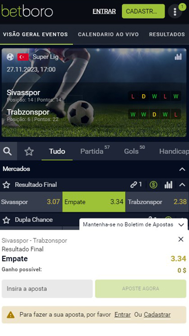 Betboro aposta simples: exemplo de partida Sivasspor vs Trabzonspor