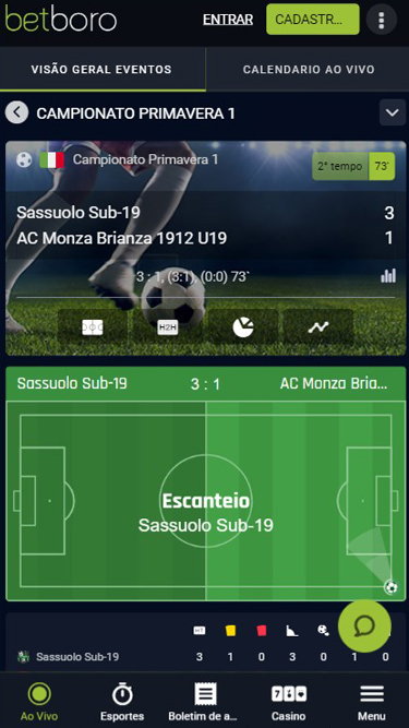 Betboro apostas ao vivo: exemplo de partida Sub-19 Sassuolo vs Monza Brianza