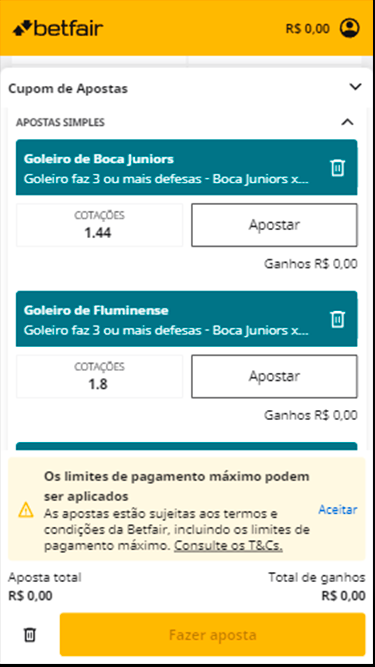 Captura de tela demonstrando as apostas simples Betfair. 
