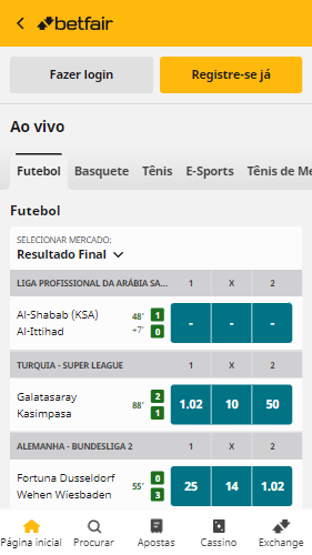 Captura de tela demonstrando a página de apostas ao vivo Betfair com os jogos que estão acontecendo no momento. 