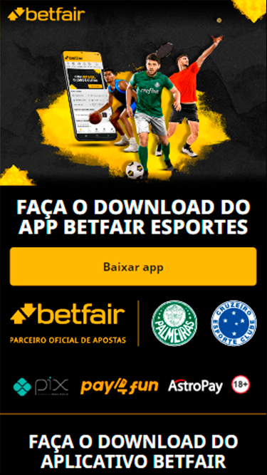 Captura de tela demonstrando a página do Betfair app, onde pode-se ler "Faça o download do app Betfair esportes".