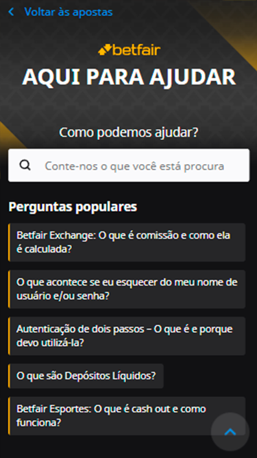 Captura de tela demonstrando o atendimento Betfair e opções de contato: você pode inserir o que procura ou consultar as perguntas populares. 