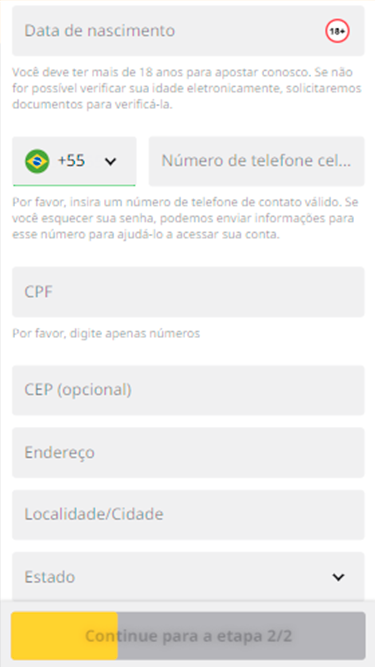 Captura de tela da página do Betfair cadastro com campos a serem preenchidos: data de nascimento, número de telefone, CPF, CEP, endereço etc. 