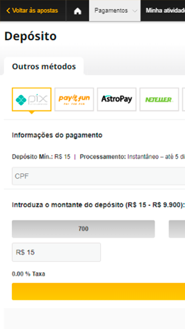 Captura de tela demonstrando os principais métodos de pagamento e depósito Betfair. 