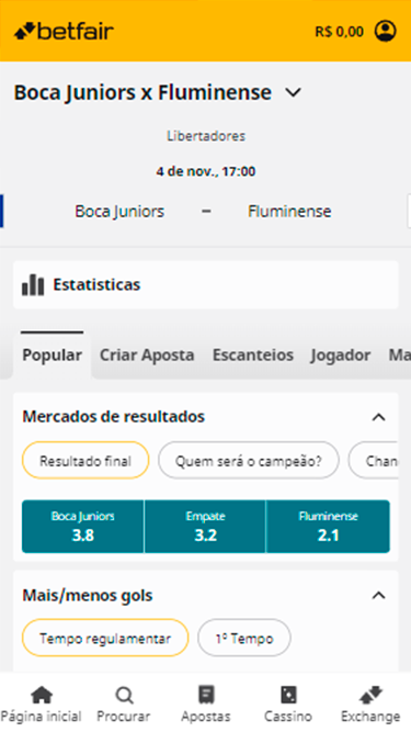 Captura de tela demonstrando os Betfair mercados de apostas: resultado final, quem será o campeão, gols etc. 